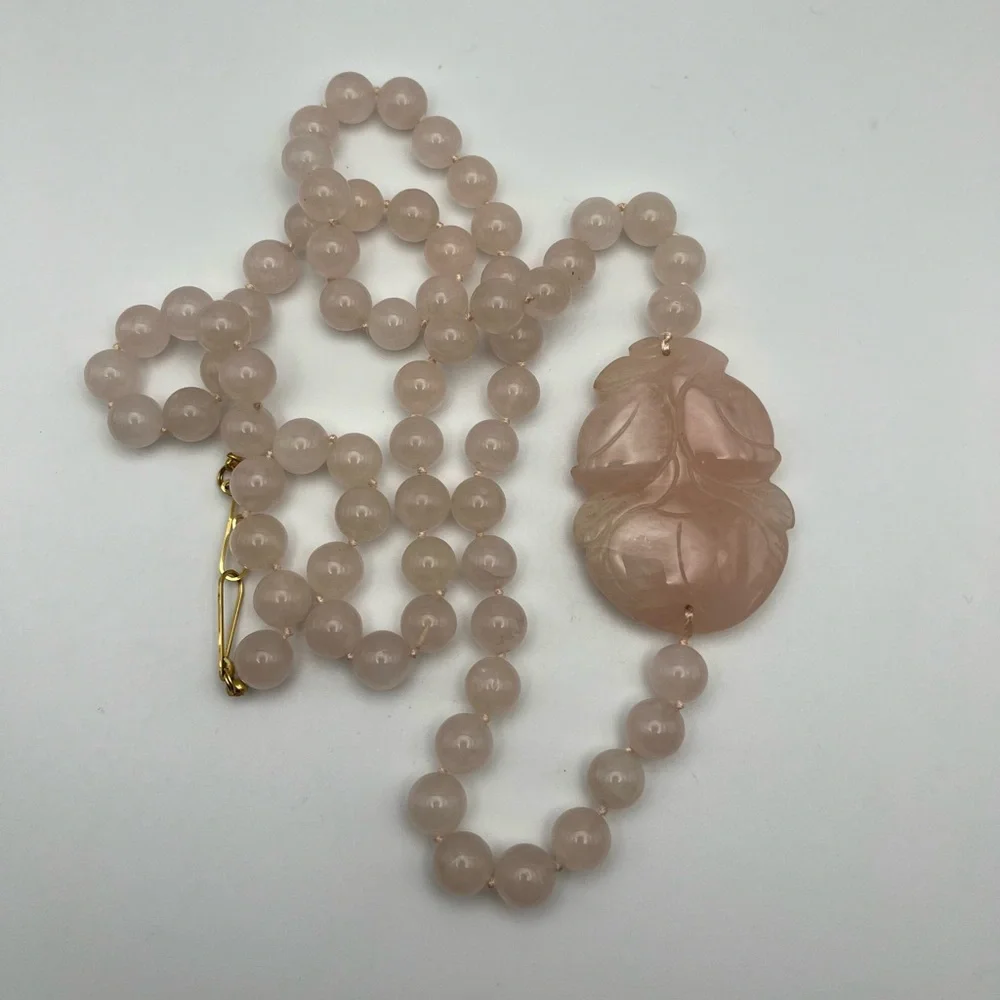 Vintage Chinese Rose Quartz Hand Knotted Mala Lotus Necklace - Picture 3 of 8